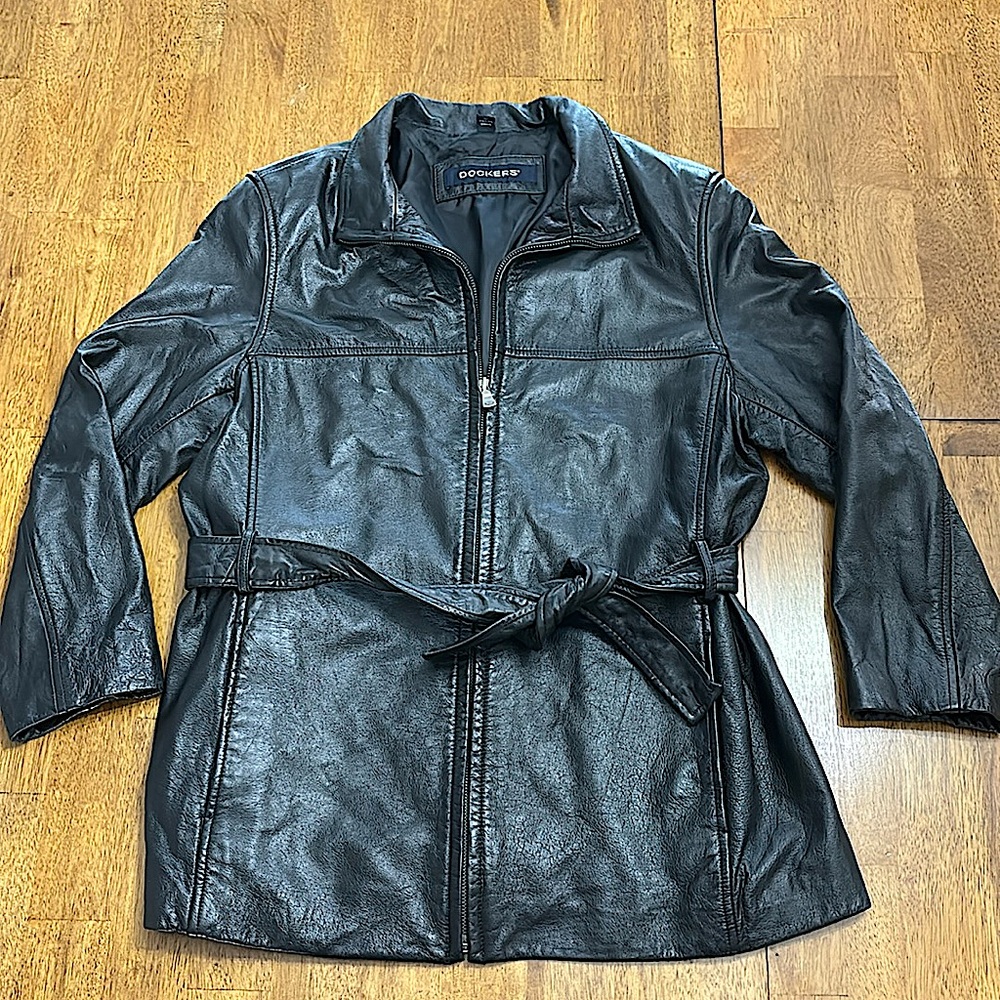 Women’s Leather Dockers Jacket ‎ Medium Zip Up Sash Tie